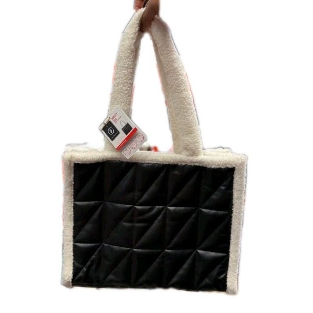 LS Live in Style Novelty Tote in Black Quilted, Sherpa Fleece Trim